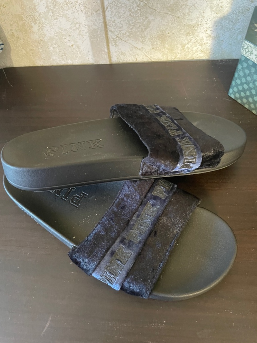 PINK Victoria's Secret Black and BlueVelvet Logo Slide Sandals